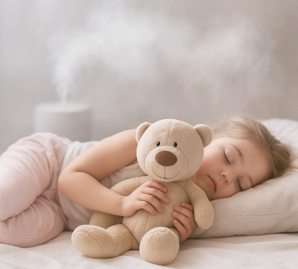 dziecko śpiące przy nawilżaczu powietrza