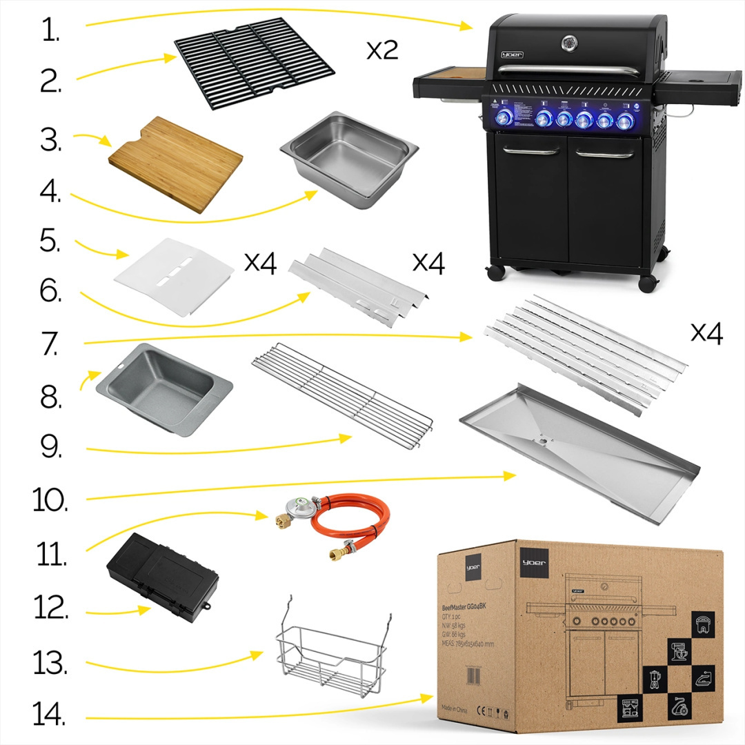 GG04BK ZESTAW Grill gazowy Yoer BeefMaster 4+2 +Pokrowiec +Rożen +Płyta