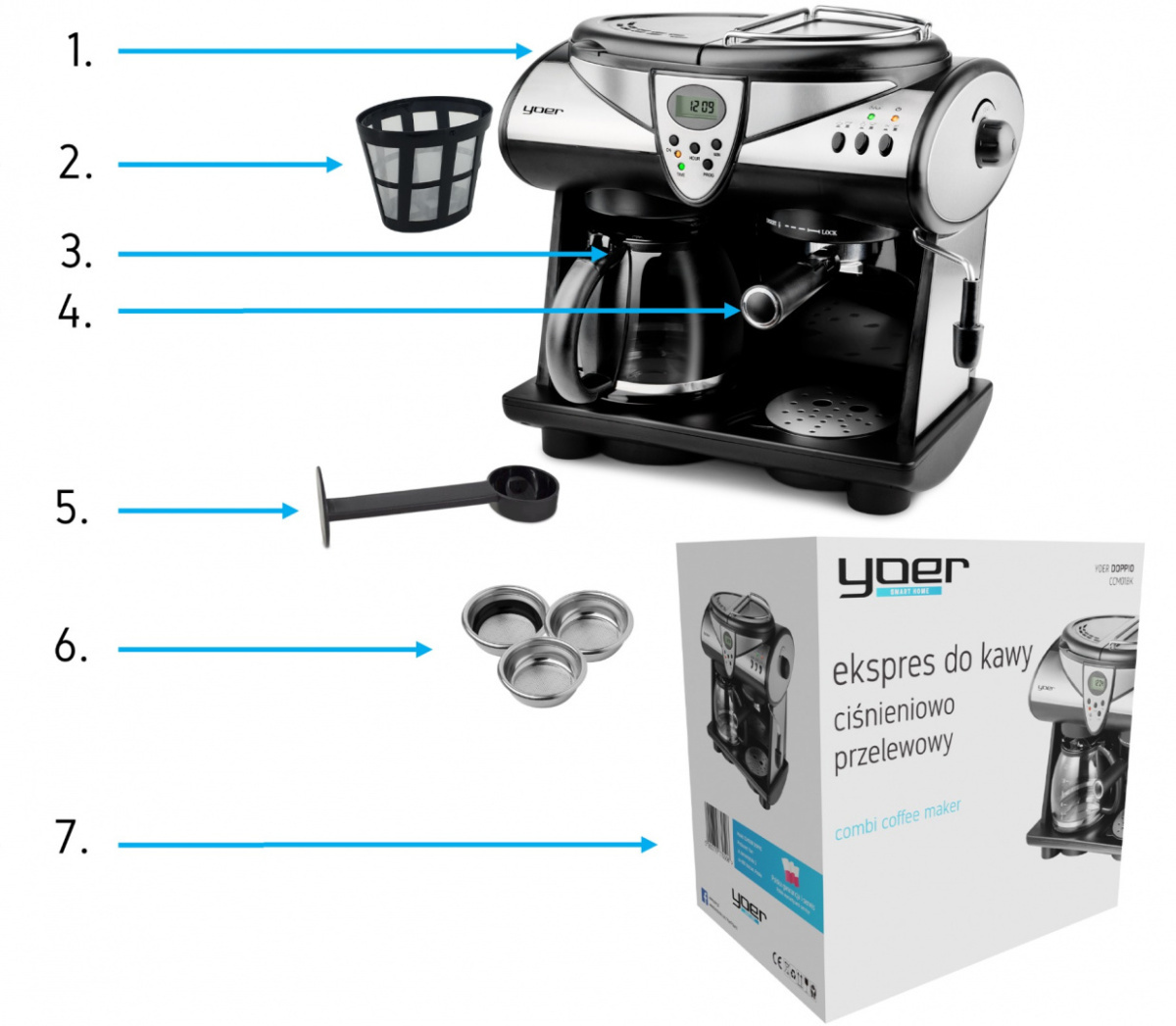 Ekspres do kawy ciśnieniowo-przelewowy Yoer Doppio CCM01BK 2w1