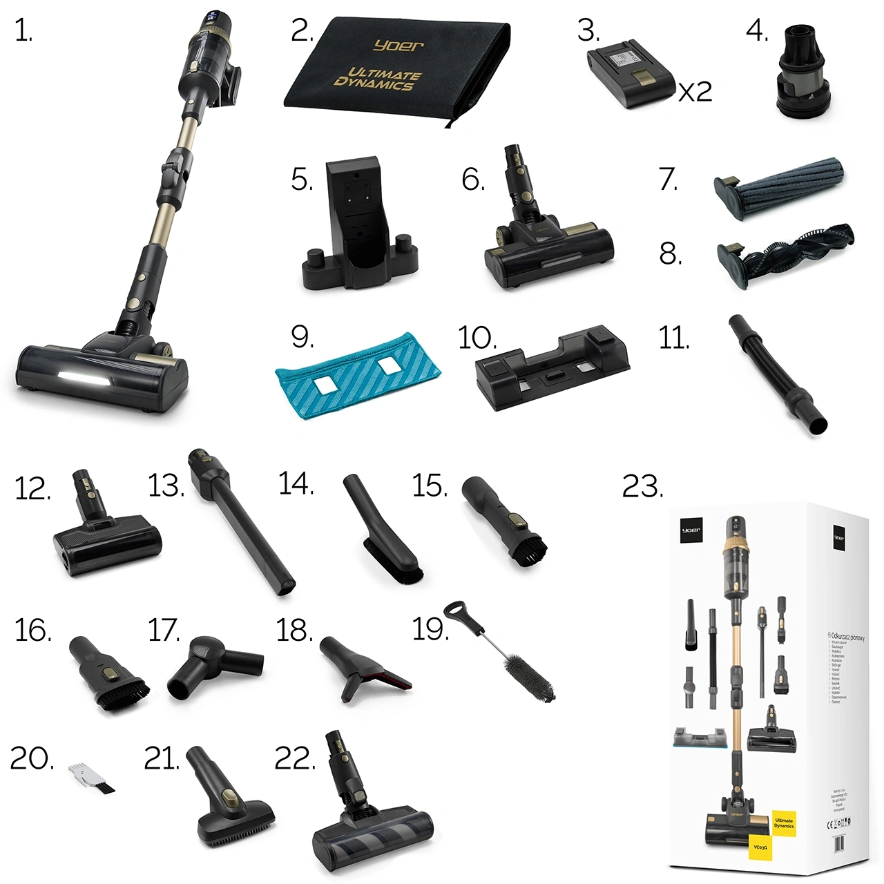 VC03G ZESTAW Odkurzacz pionowy Yoer UltimateDynamics + Bateria + Szczotka do dywanów + Szczotka do wyczesywania sierści zwierząt
