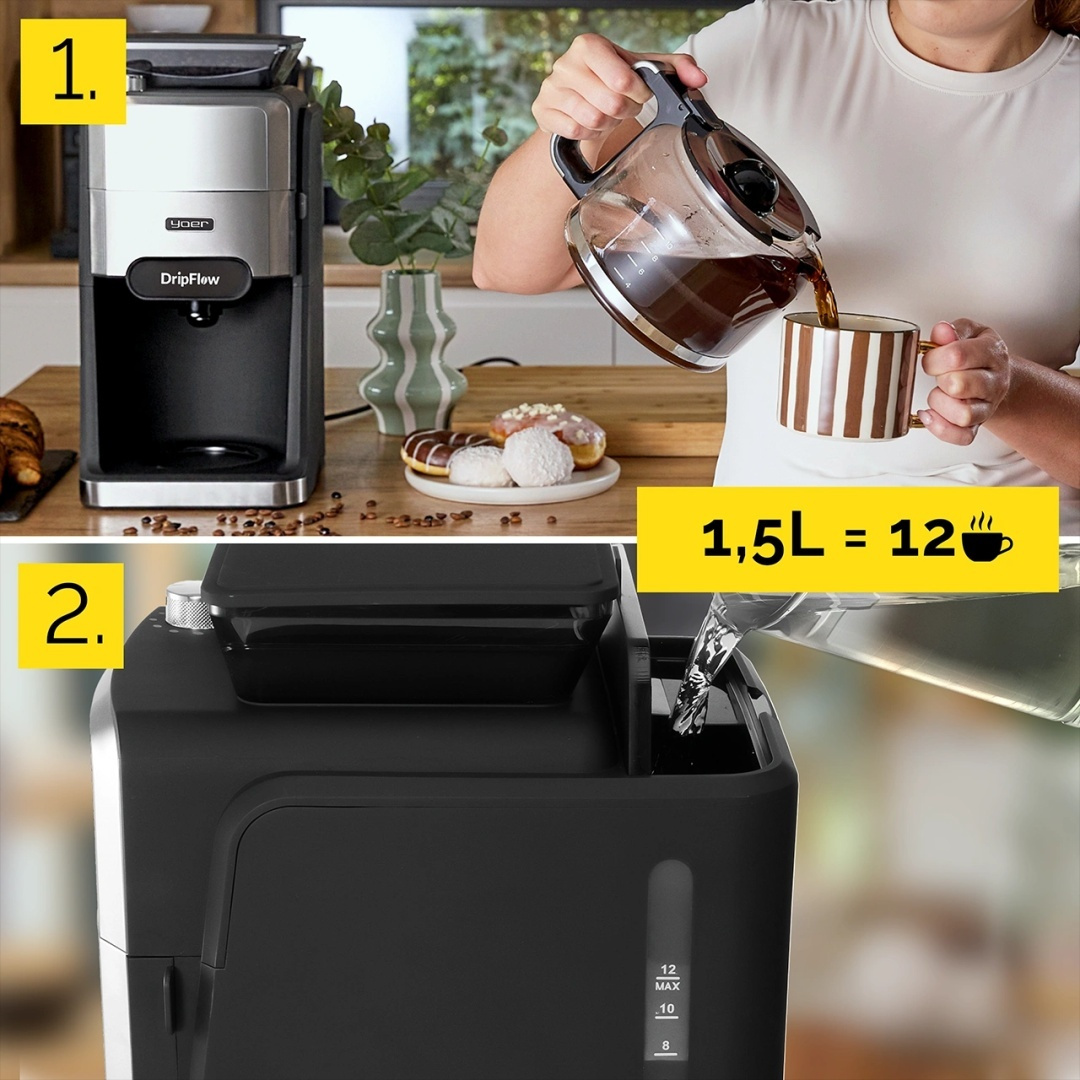 Ekspres przelewowy do kawy z młynkiem żarnowym Yoer DripFlow CMG03BK