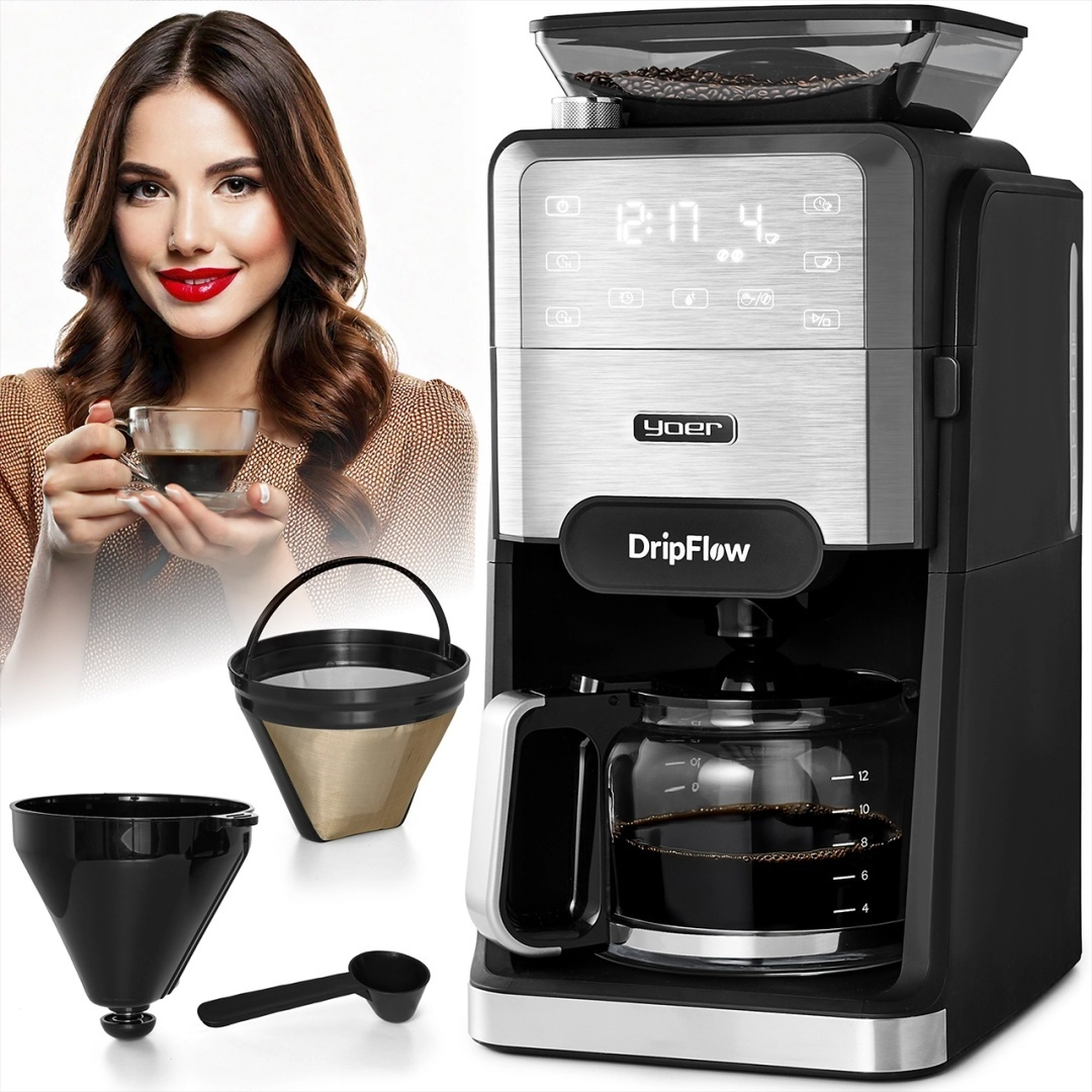 Ekspres przelewowy do kawy z młynkiem żarnowym Yoer DripFlow CMG03BK
