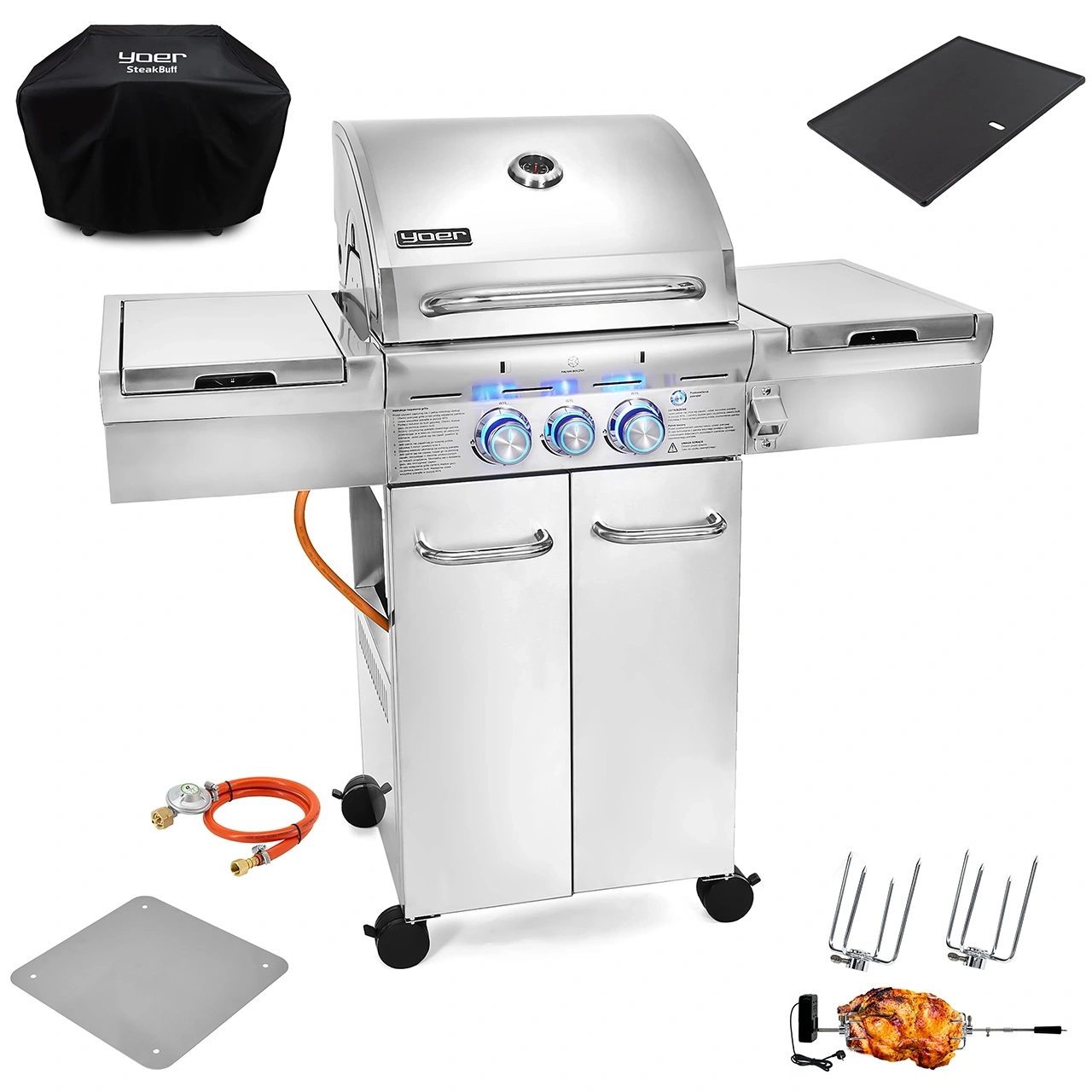 GG03S ZESTAW Grill gazowy Yoer SteakBuff 2+1 +Pokrowiec +Rożen +Płyta +Osłona butli