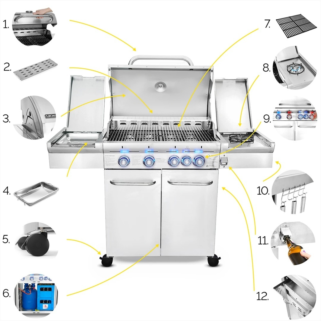 GG01S ZESTAW Grill gazowy Yoer SteakMaster 4+1 +Pokrowiec +Rożen +Płyta +Osłona butli