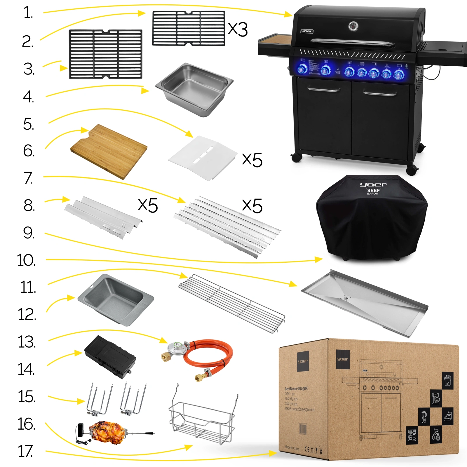 GG05BK ZESTAW Grill gazowy Yoer BeefBaron 5+2 +Pokrowiec +Rożen