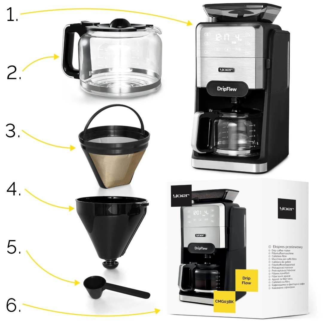 Ekspres przelewowy do kawy z młynkiem żarnowym Yoer DripFlow CMG03BK