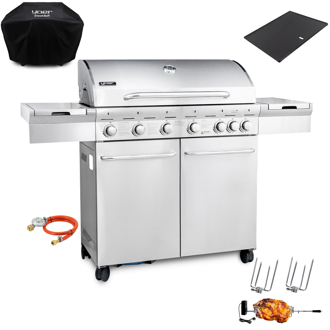 GG02S ZESTAW Grill gazowy Yoer SteakKing 6+1 +Pokrowiec +Rożen +Płyta