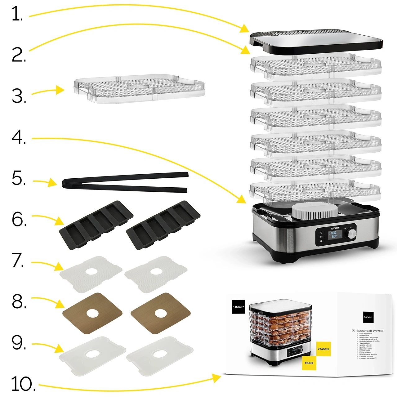 FD01S ZESTAW Suszarka do grzybów, owoców, warzyw Yoer VitaSave + Sito suszarki do żywności 