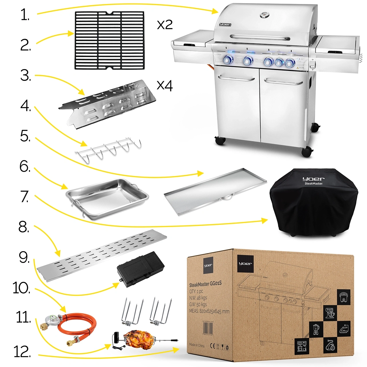 GG01S ZESTAW Grill gazowy Yoer SteakMaster 4+1 +Pokrowiec +Rożen