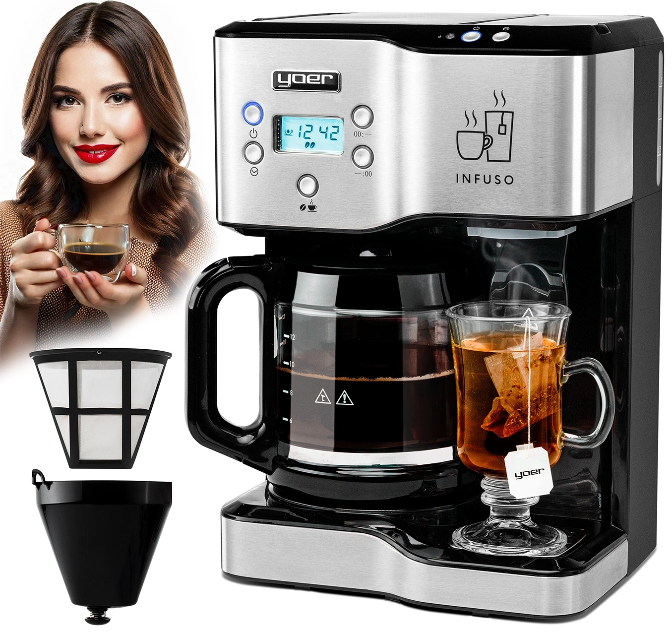 Przelewowy ekspres do kawy z dystrybutorem gorącej wody Yoer Infuso CMW02BK