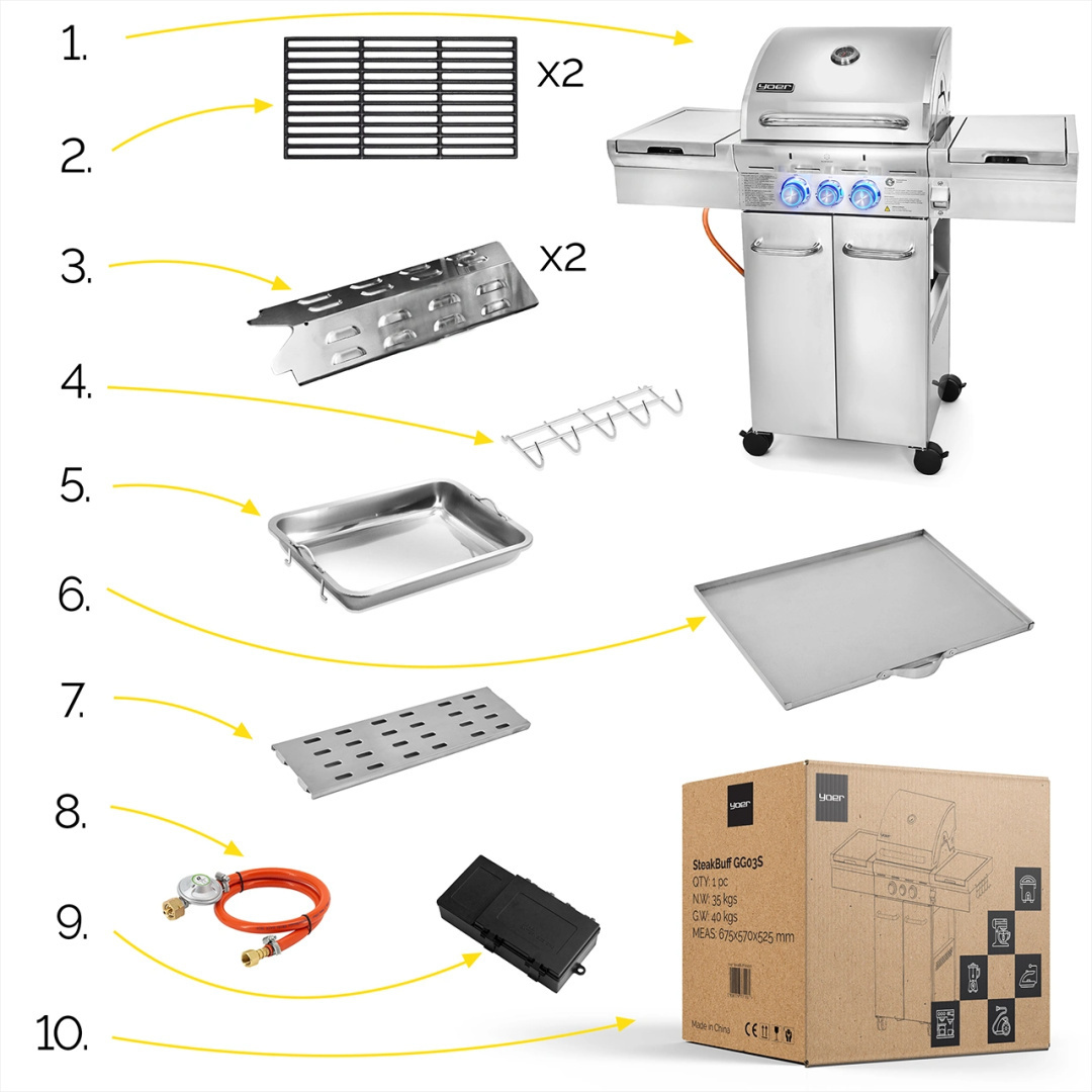 GG03S ZESTAW Grill gazowy Yoer SteakBuff 2+1 +Pokrowiec +Rożen