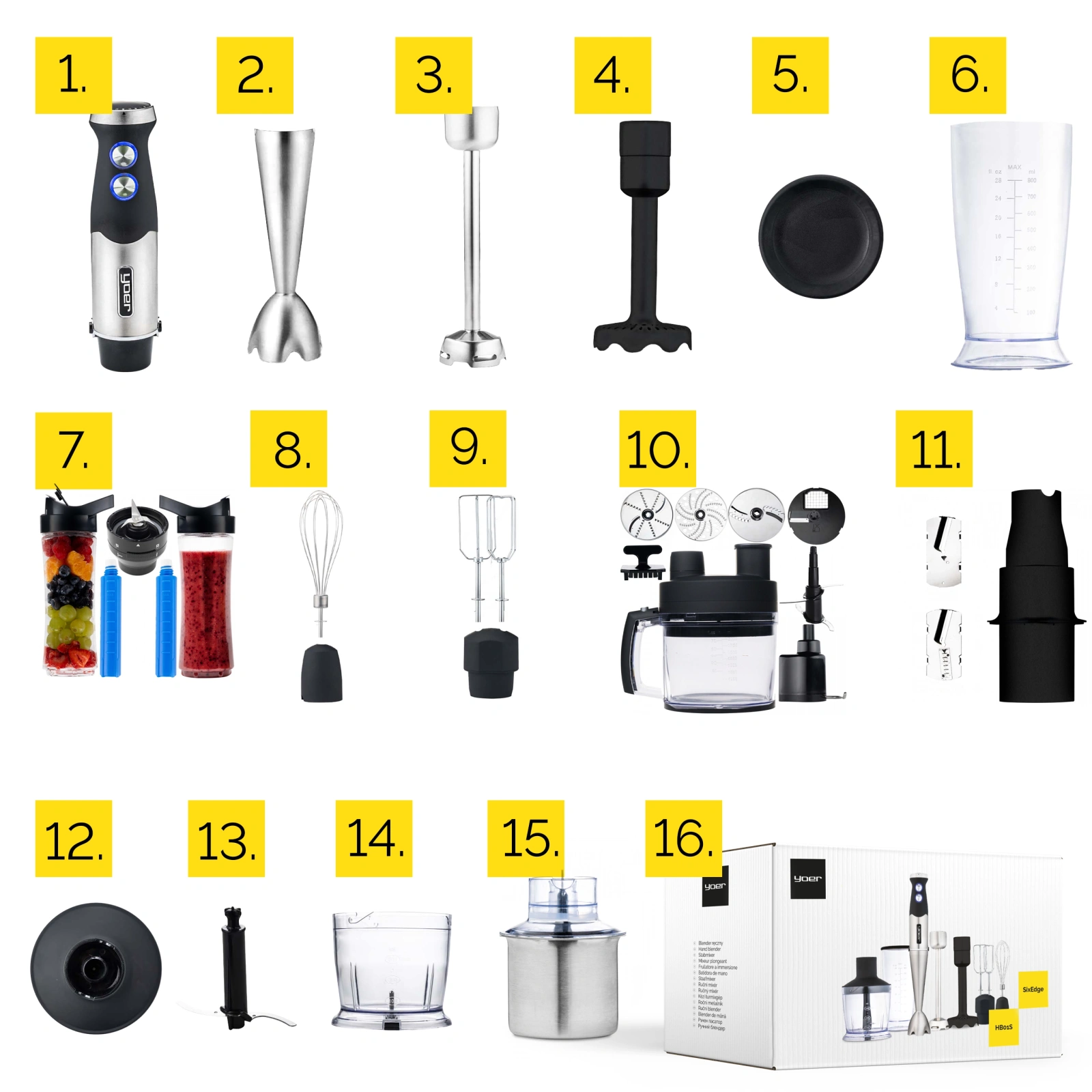 HB01S ZESTAW Blender ręczny Yoer SixEdge + Spiralizer + Szatkownica + Młynek do kawy i przypraw + Zestaw kubków  