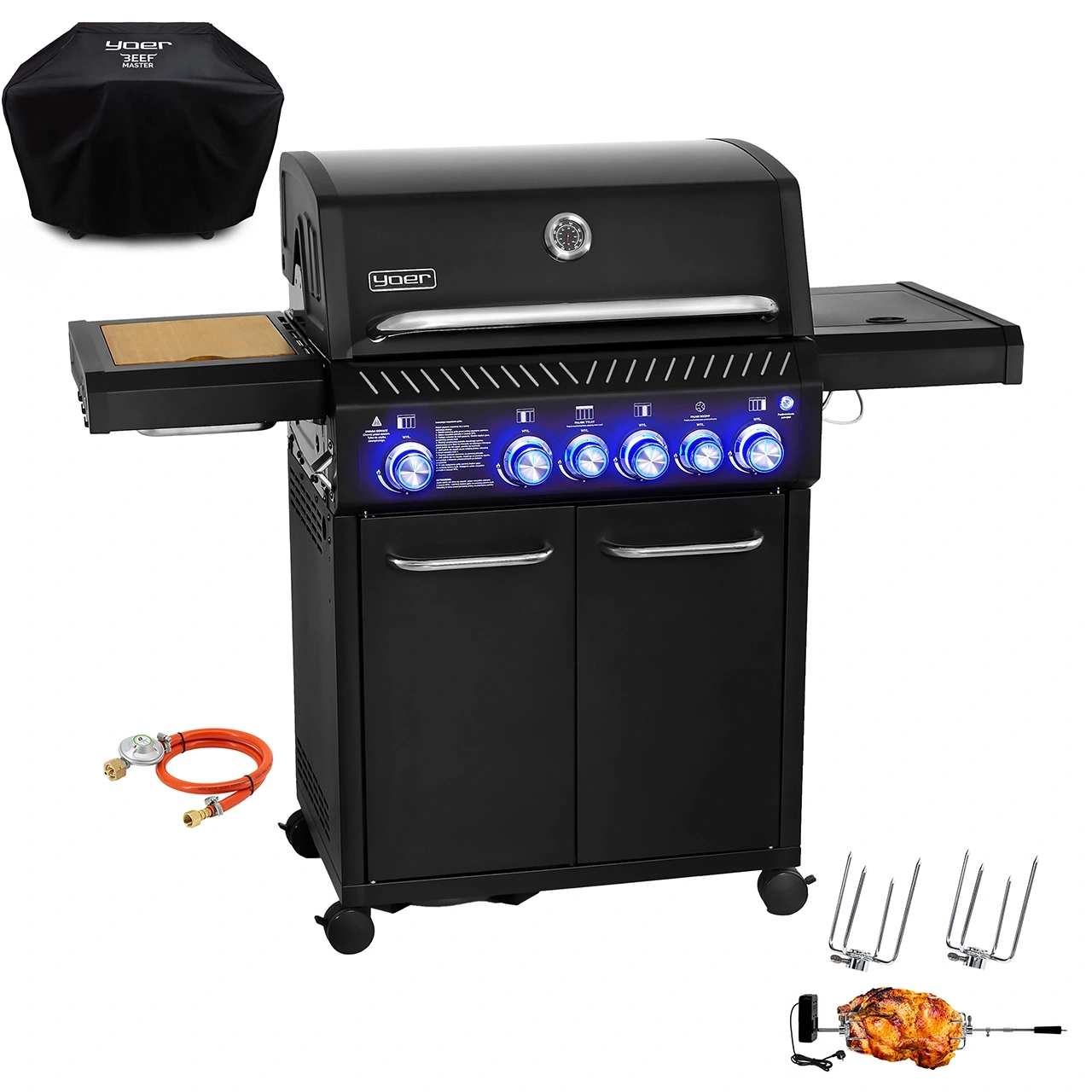 GG04BK ZESTAW Grill gazowy Yoer BeefMaster 4+2 +Pokrowiec +Rożen