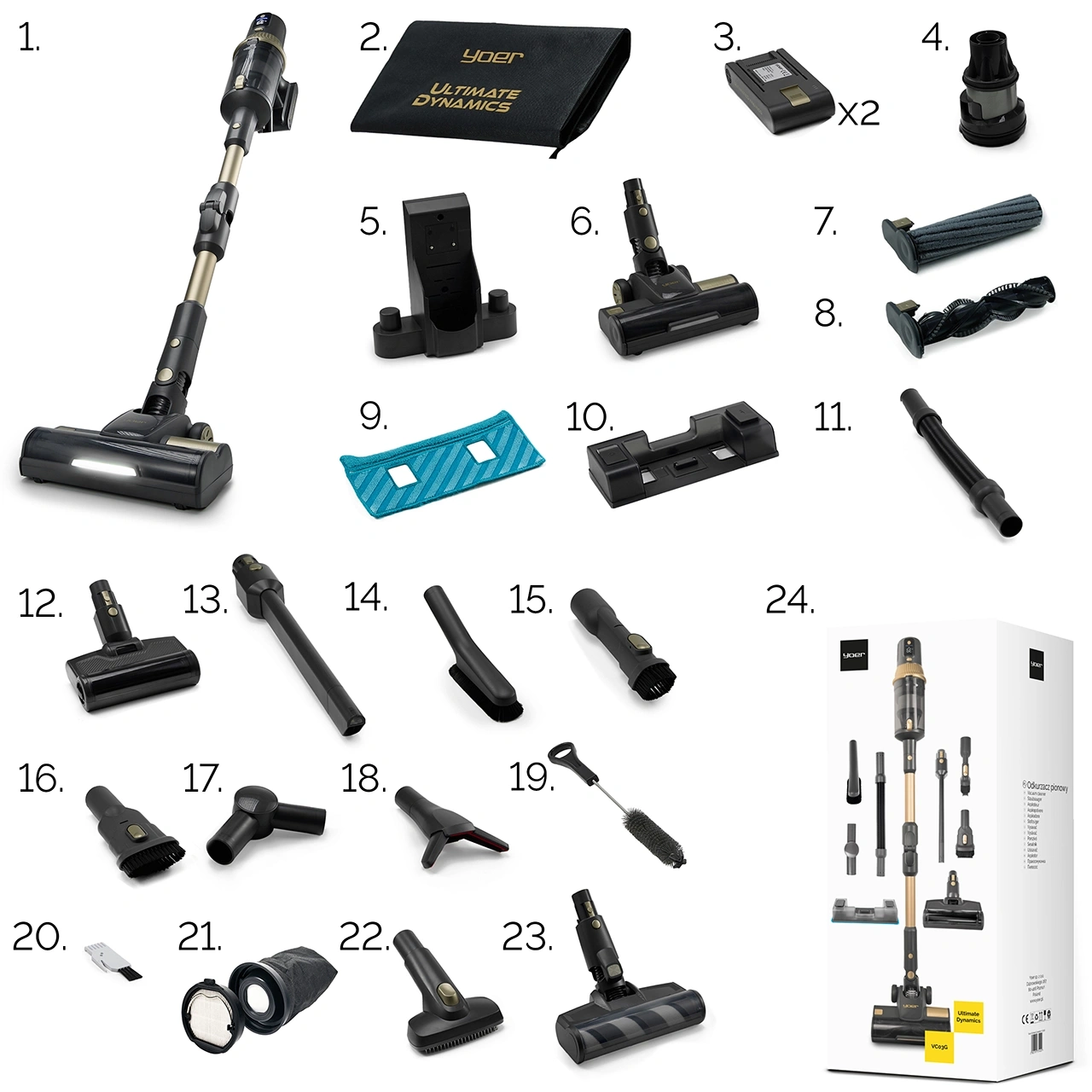 VC03G ZESTAW Odkurzacz pionowy Yoer UltimateDynamics + Bateria + Worek na kurz z filtrem HEPA + Szczotka do dywanów + Szczotka do wyczesywania sierści zwierząt