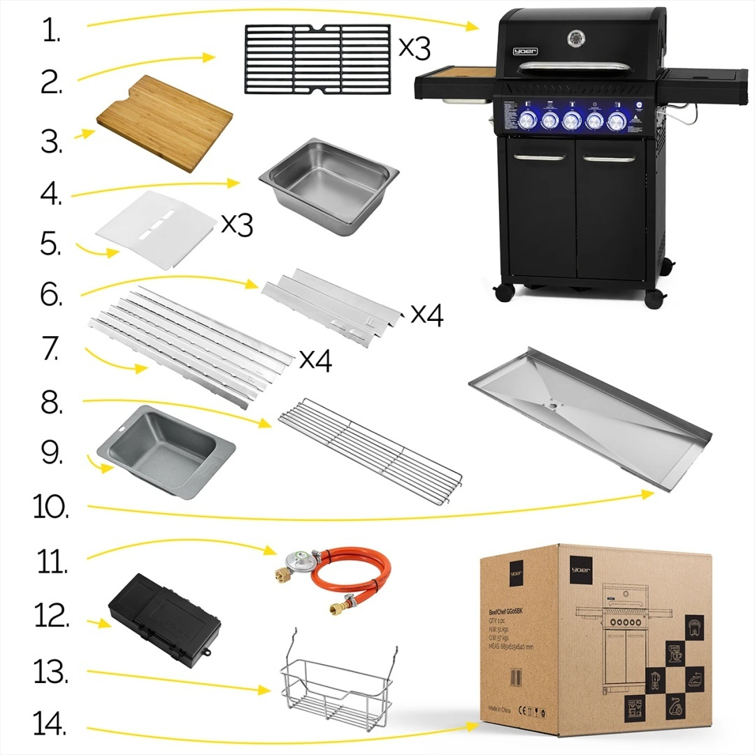 GG06BK ZESTAW Grill gazowy Yoer BeefChef 3+2 +Pokrowiec +Rożen +Płyta
