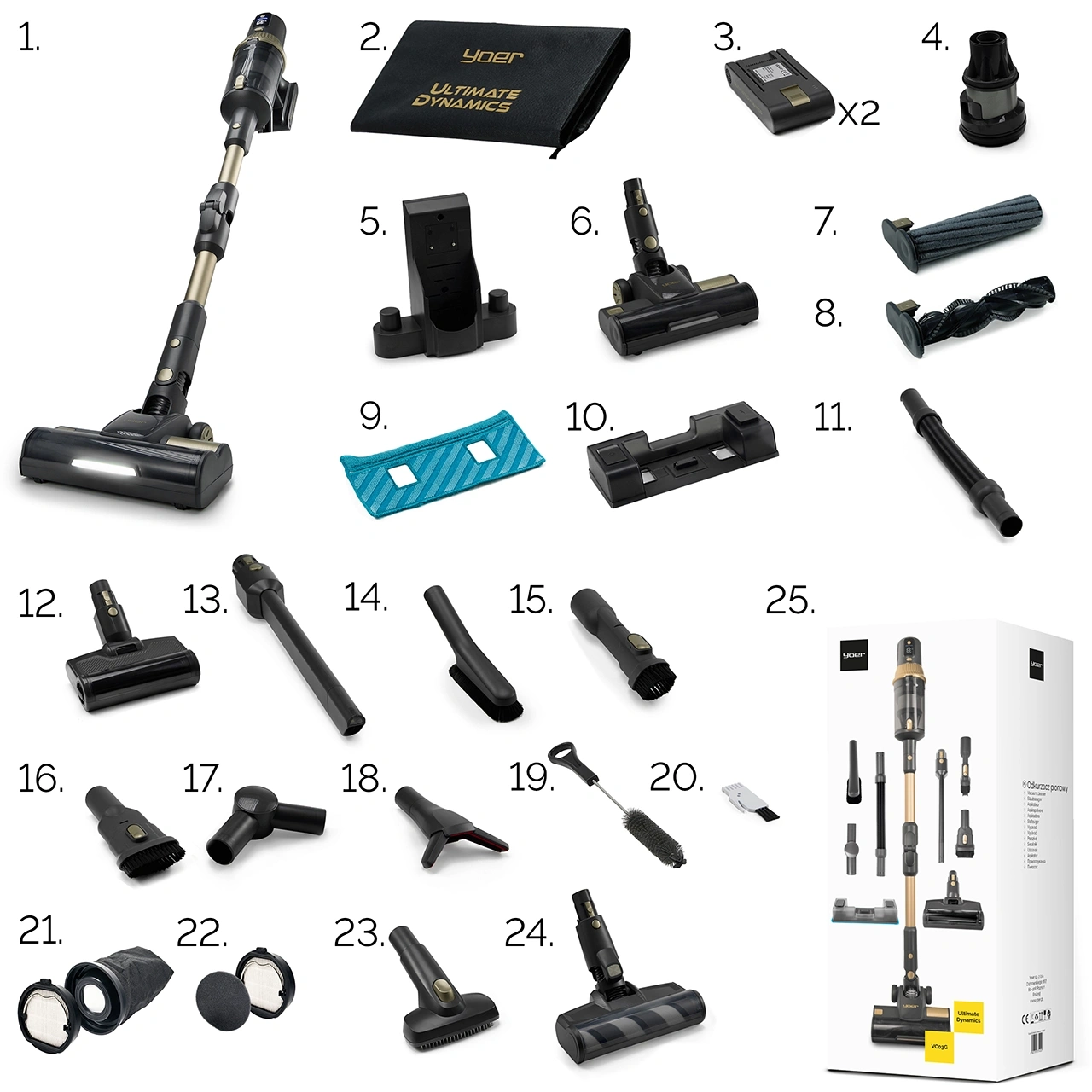 VC03G ZESTAW Odkurzacz pionowy Yoer UltimateDynamics + Bateria + Zestaw 2 filtrów + Worek na kurz z filtrem HEPA + Szczotka do dywanów + Szczotka do wyczesywania sierści zwierząt