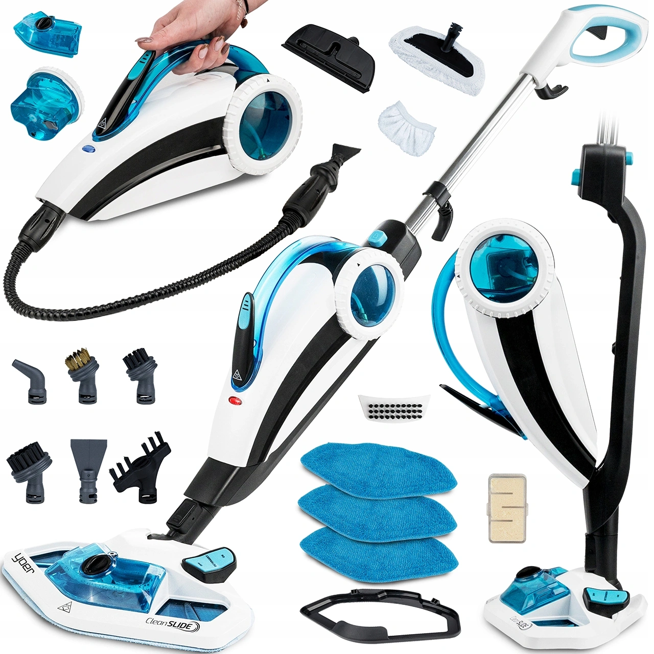 ZESTAW SMC01W Mop parowy z myjką ręczną Yoer CleanSlide + Zestaw 2 nakładek materiałowych + Filtr zmiękczający wodę