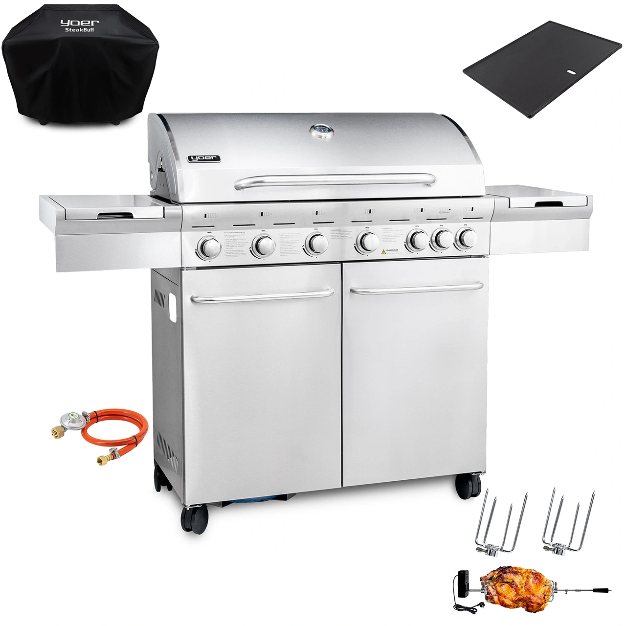 GG02S ZESTAW Grill gazowy Yoer SteakKing 6+1 +Pokrowiec +Rożen +Płyta