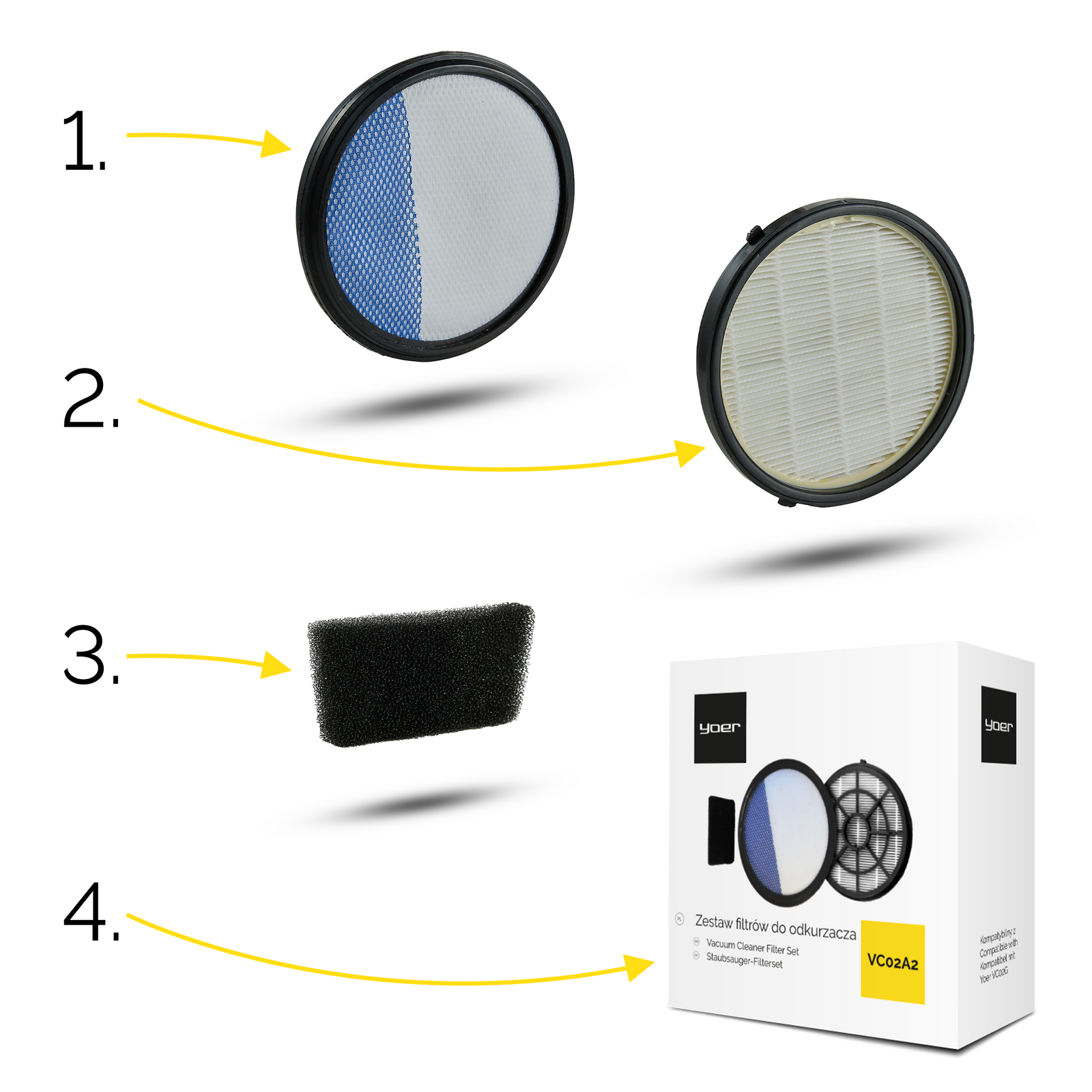 Zestaw 3 filtrów do odkurzacza Yoer VC02G