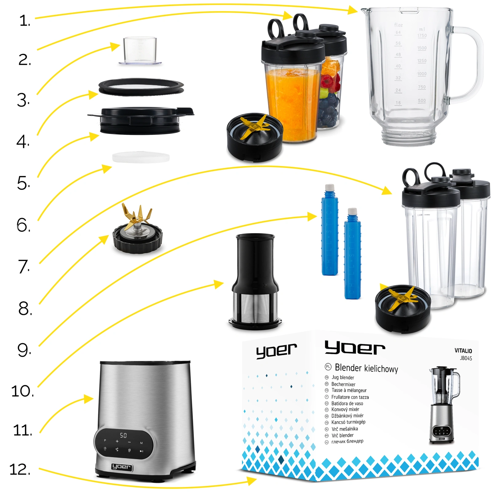 JB04S ZESTAW Blender kielichowy Yoer Vitalio + 2 x Kubek podróżny 1050ml z wkładem chłodzącym