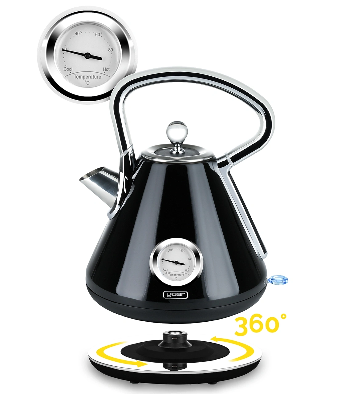 Bezprzewodowy Czajnik elektryczny Yoer Crystal EK02BK z termometrem