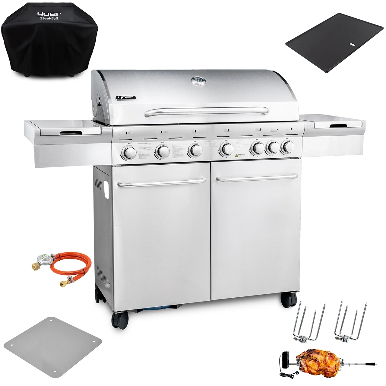 GG02S ZESTAW Grill gazowy Yoer SteakKing 6+1 +Pokrowiec +Rożen +Płyta +Osłona butli