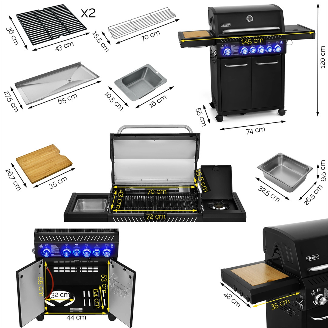 GG04BK ZESTAW Grill gazowy Yoer BeefMaster 4+2 +Pokrowiec +Rożen