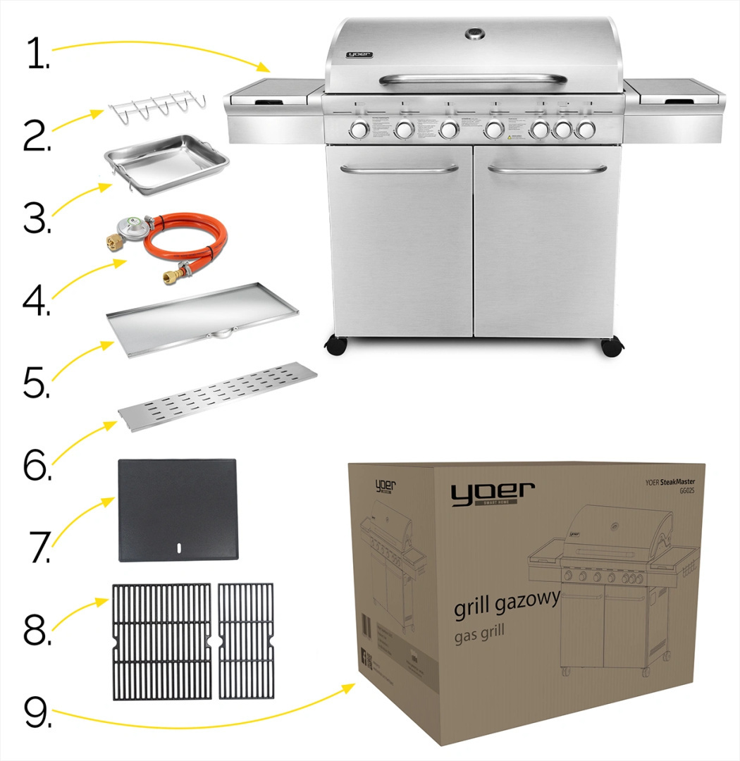GG02S ZESTAW Grill gazowy Yoer SteakKing 6+1 +Pokrowiec +Rożen +Płyta +Osłona butli