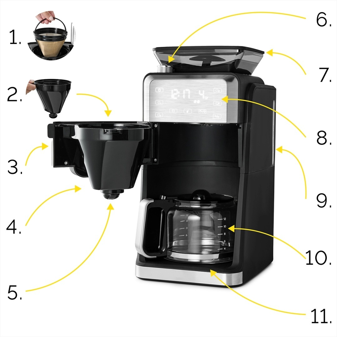 Ekspres przelewowy do kawy z młynkiem żarnowym Yoer DripFlow CMG03BK