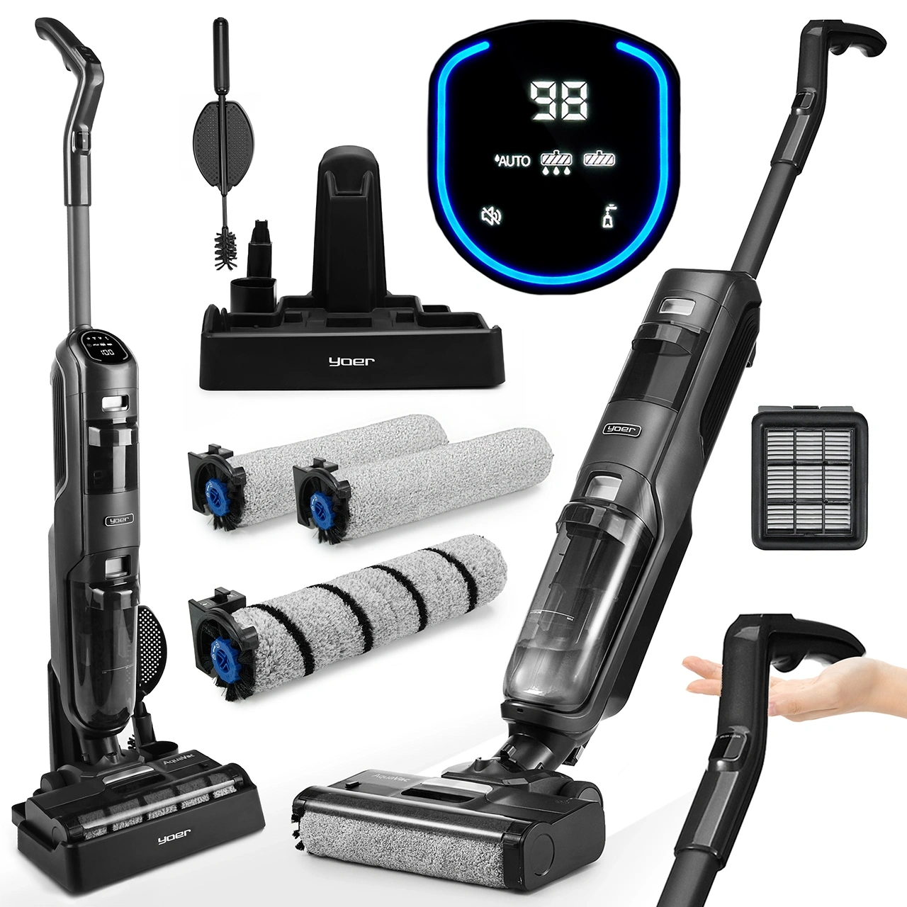 VCW01G ZESTAW Pionowy odkurzacz myjący Yoer AquaVac + Filtr HEPA 12 + Wałek do podłóg twardych