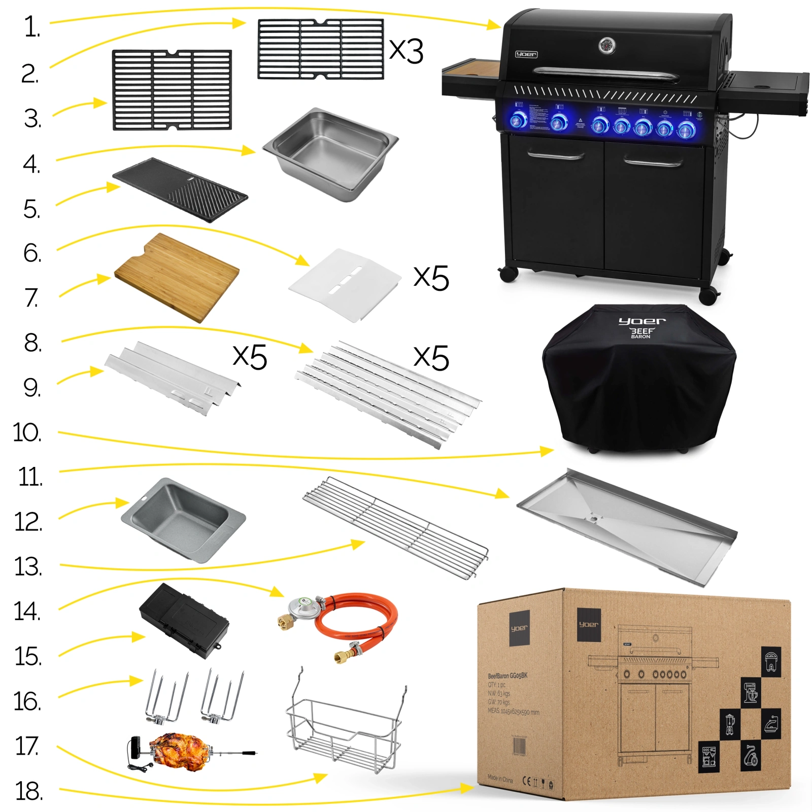 GG05BK ZESTAW Grill gazowy Yoer BeefBaron 5+2 +Pokrowiec +Rożen +Płyta