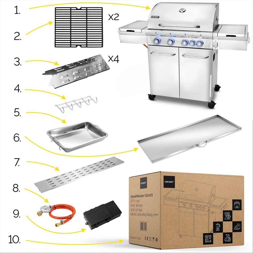 GG01S ZESTAW Grill gazowy Yoer SteakMaster 4+1 +Pokrowiec +Rożen +Płyta