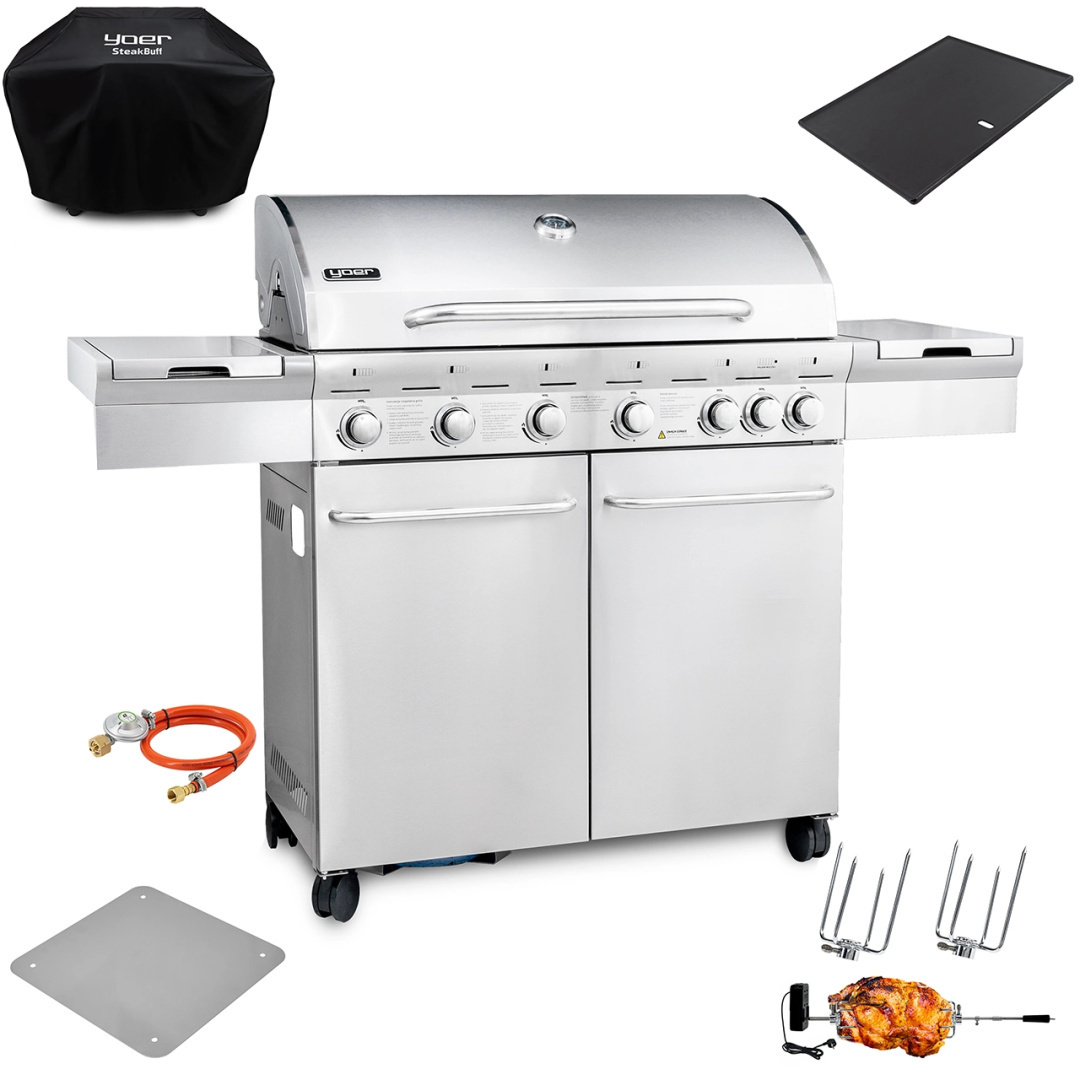 GG02S ZESTAW Grill gazowy Yoer SteakKing 6+1 +Pokrowiec +Rożen +Płyta +Osłona butli