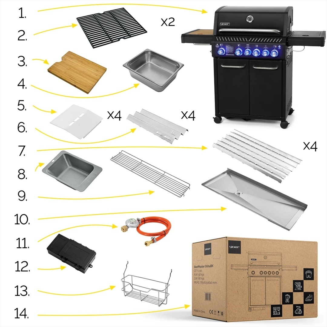 GG04BK ZESTAW Grill gazowy Yoer BeefMaster 4+2 +Pokrowiec +Rożen