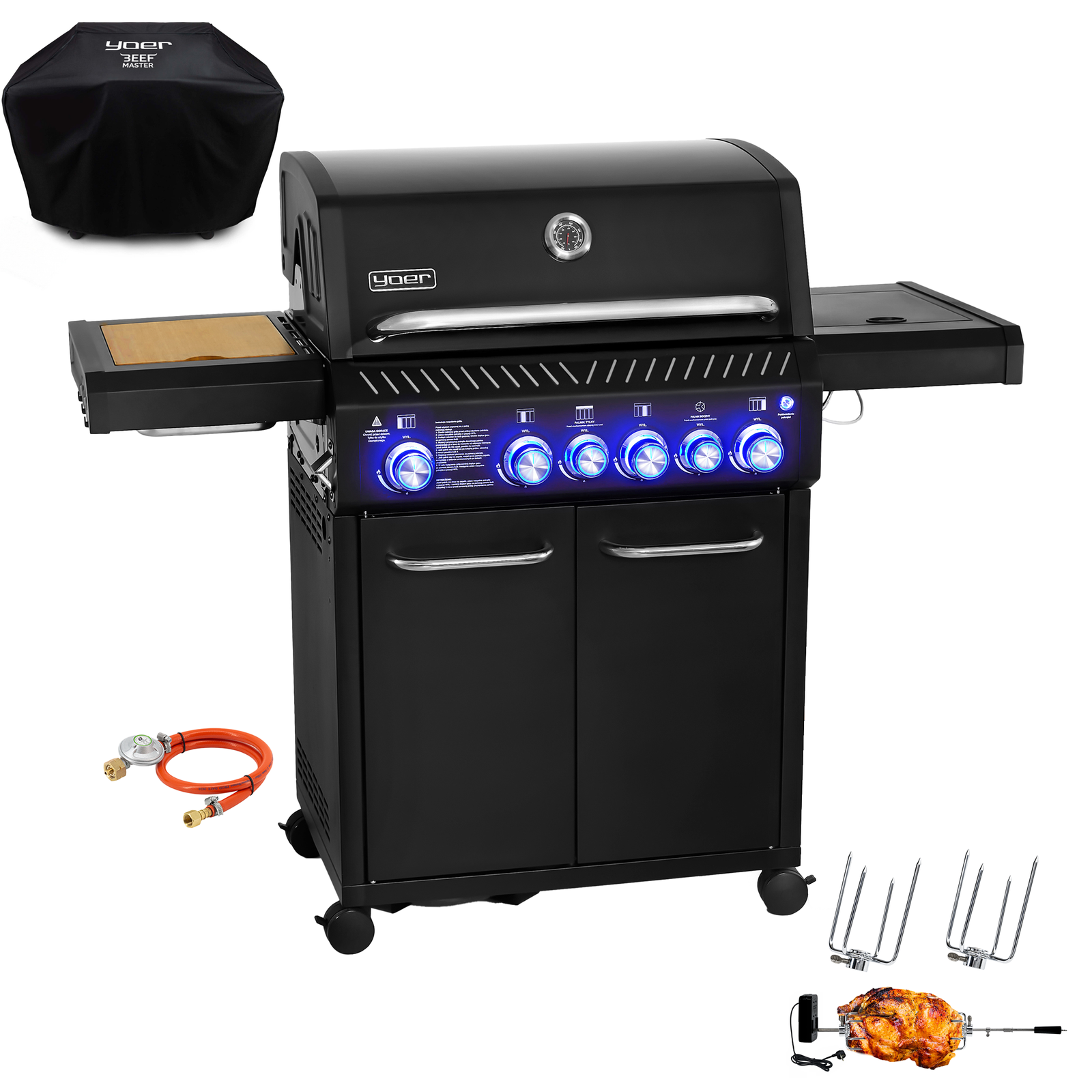 GG04BK ZESTAW Grill gazowy Yoer BeefMaster 4+2 +Pokrowiec +Rożen
