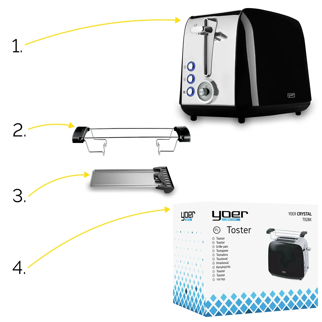 Toster Opiekacz Crystal Yoer T02BK z rusztem na bułki