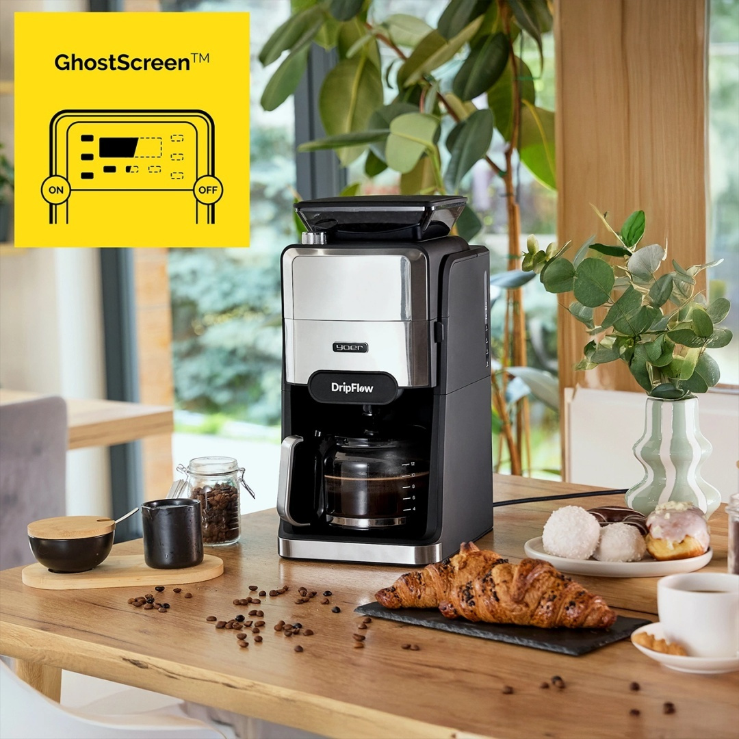 Ekspres przelewowy do kawy z młynkiem żarnowym Yoer DripFlow CMG03BK