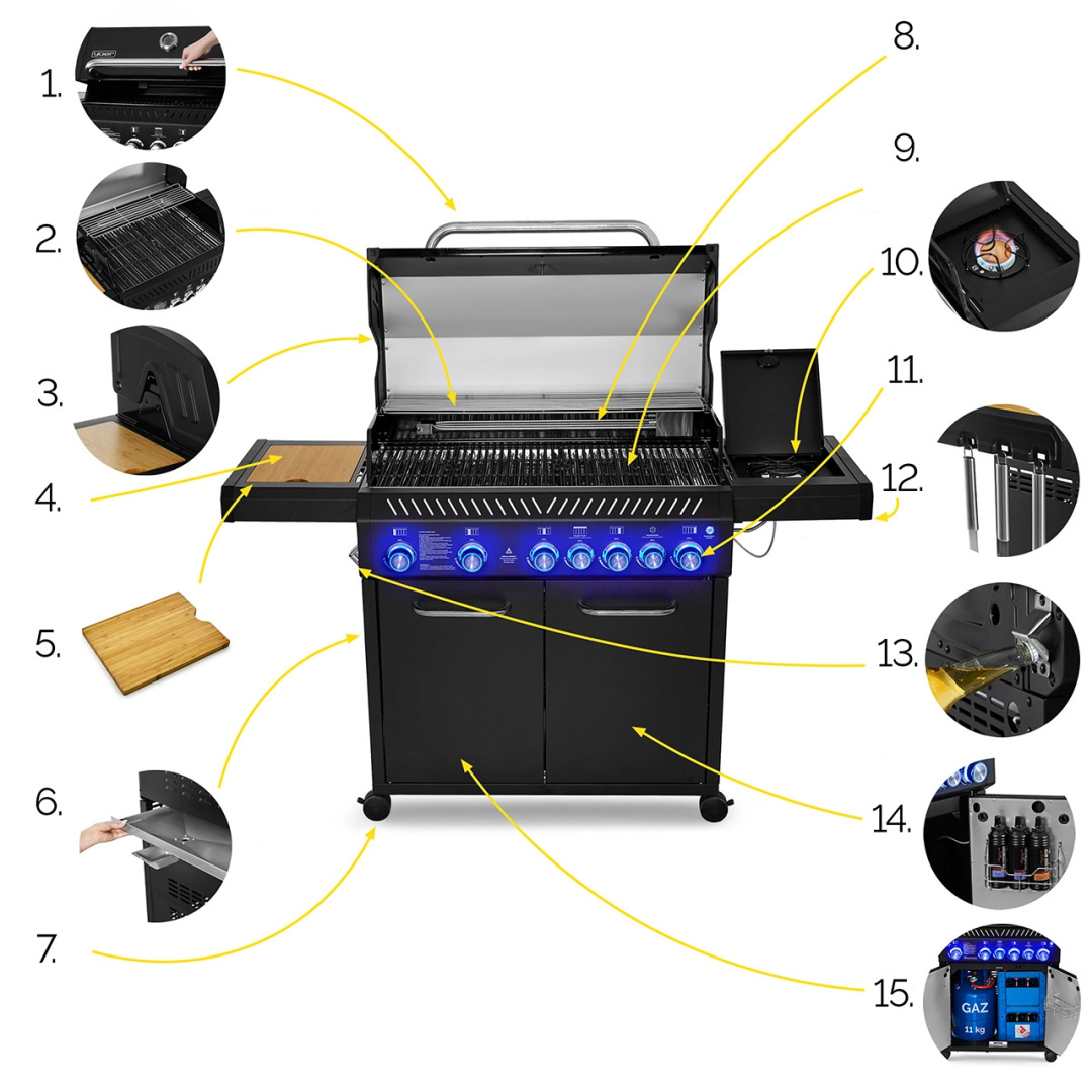 GG05BK ZESTAW Grill gazowy Yoer BeefBaron 5+2 +Pokrowiec +Rożen +Płyta