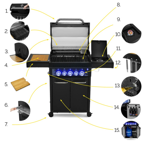 ZESTAW Grill gazowy Yoer BeefChef GG06BK 3+2 +Pokrowiec +Rożen +Płyta +Osłona butli