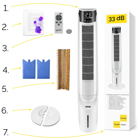 Cichy 33dB Klimator wodny przenośny Wentylator kolumnowy Yoer 6w1 ION AROMA