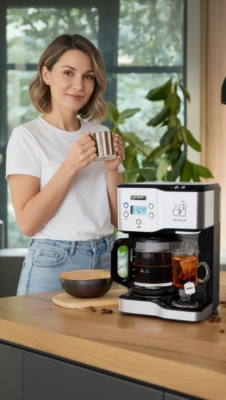 Przelewowy ekspres do kawy z dystrybutorem gorącej wody Yoer Infuso CMW02BK