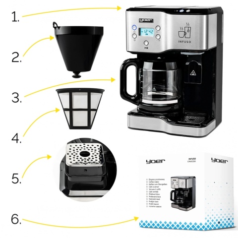 Przelewowy ekspres do kawy z dystrybutorem gorącej wody Yoer Infuso CMW02BK