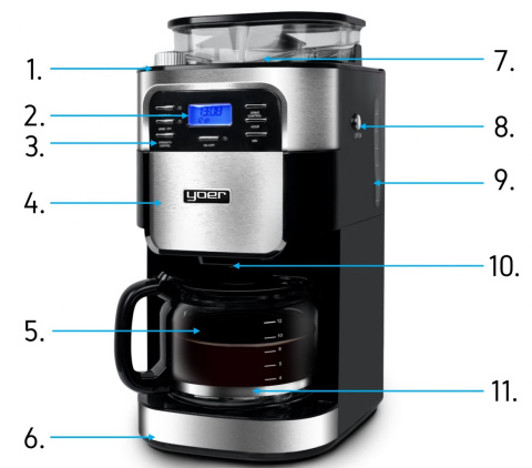 Drip coffee maker with burr grinder YOER Burrio CMG01BK Drip coffee maker with burr grinder YOER Burrio CMG01BK